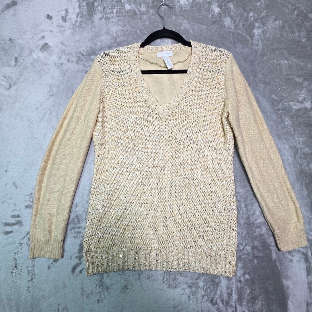 Charter Club Petite Gold Sequin V-Neck Sweater Metallic Knit Holiday Top P/S